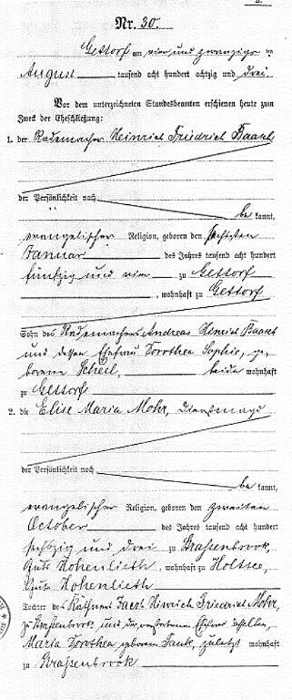 Heiratsurkunde von Heinrich Friedrich Baasch mit Elise Maria Mohr - Teil 1